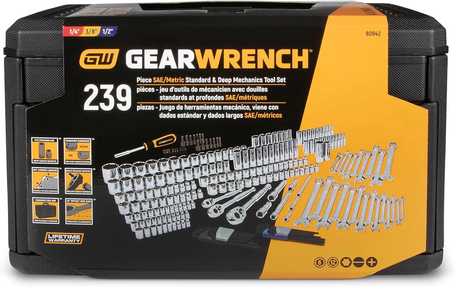 GEARWRENCH 80966 243 Pc. 6 Pt. Mechanics Tool Set In 3 Drawer Storage Box