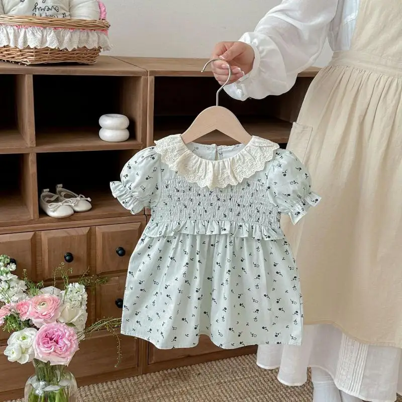2026 Summer New Girls Short Sleeve Floral Dress Cute Baby Girl Sweet Lace Collar Princess Dress Cotton Toddler Clothes