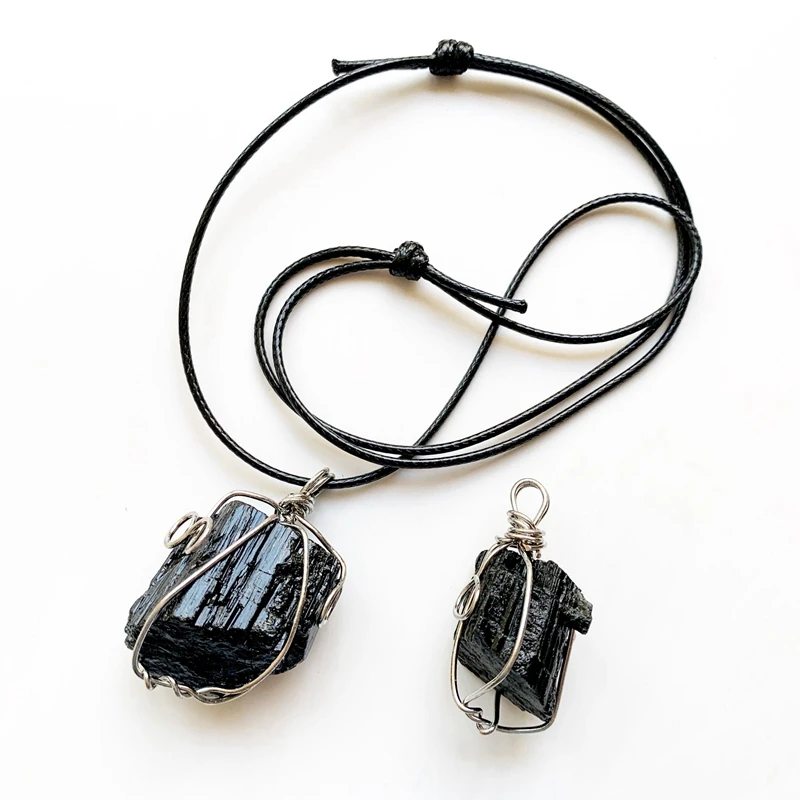 Raw Black Tourmaline Pendant Necklace Wholesale Bulk Rough Stones Copper Wire Wrapped Jewelry Crystals Necklaces 1pc Dropship