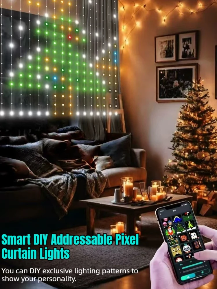 Smart RGB Christmas Curtain Lights LED Fairy String Light Music Sync APP Remote Control Holiday Lighting for Room Party Garden
