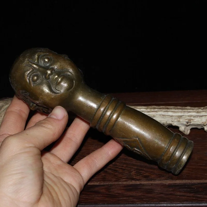 

China Copper Hand Carved Walking Sti Head Handle 4 Faces Buddha Head Statue