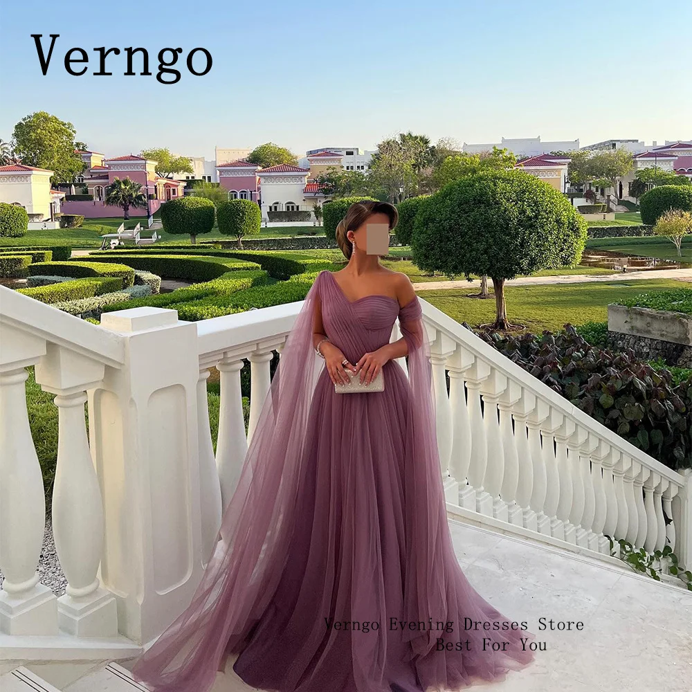 

Verngo Purple Tulle Evening Dress For Women Simple A Line Prom Gowns With Cape Formal Occasion Dress