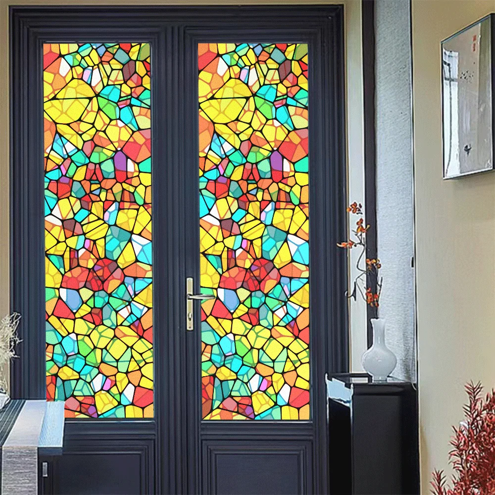 

Color Lattice Privacy Frosted Window Film Church Retro No Glue Glass Window Sticker Sun Blocking Static Clings Kitchen Door Film