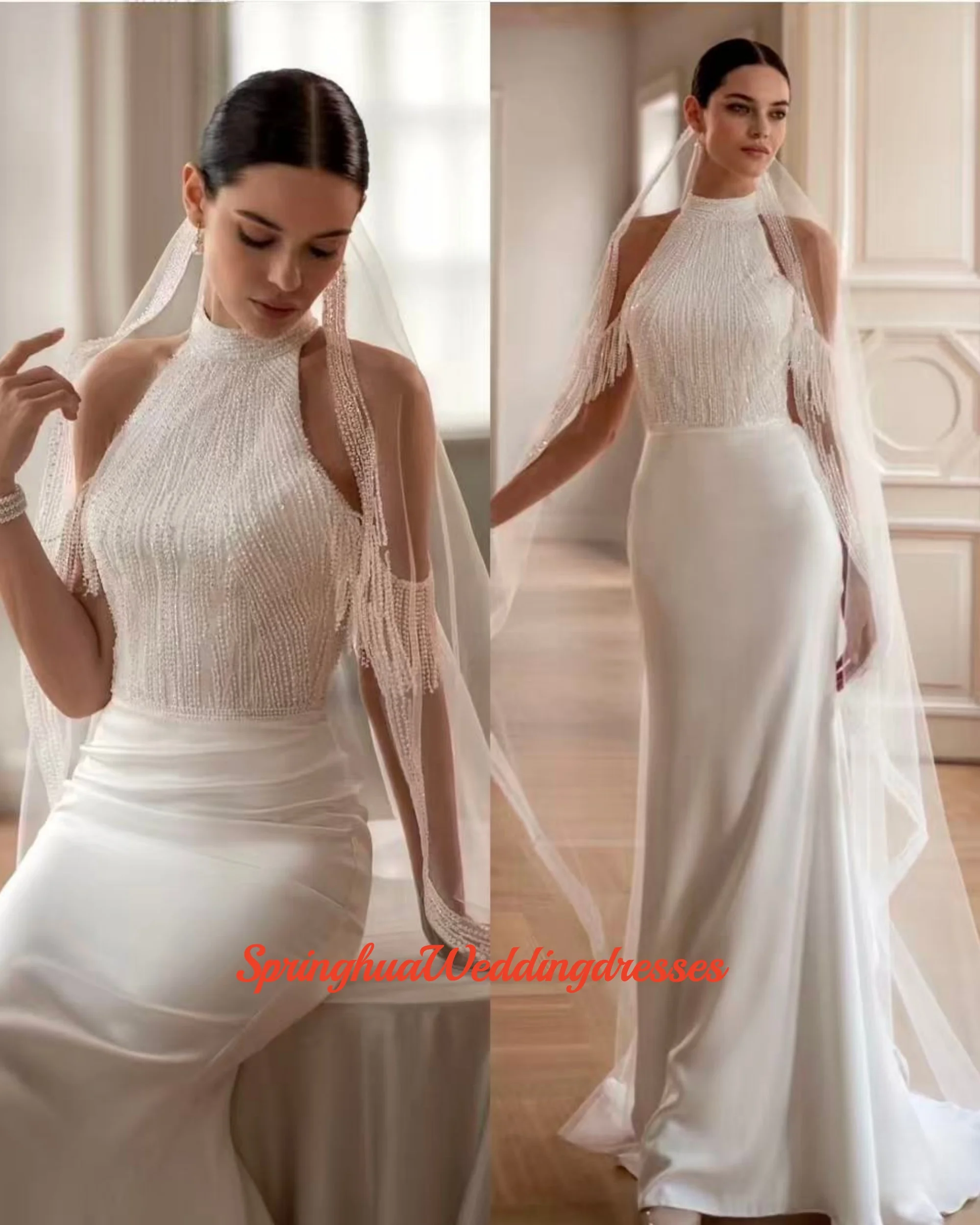 Vestido de novia de sirena sin mangas con cuello Halter Sexy personalizado para novia vestido de novia fruncido con borlas