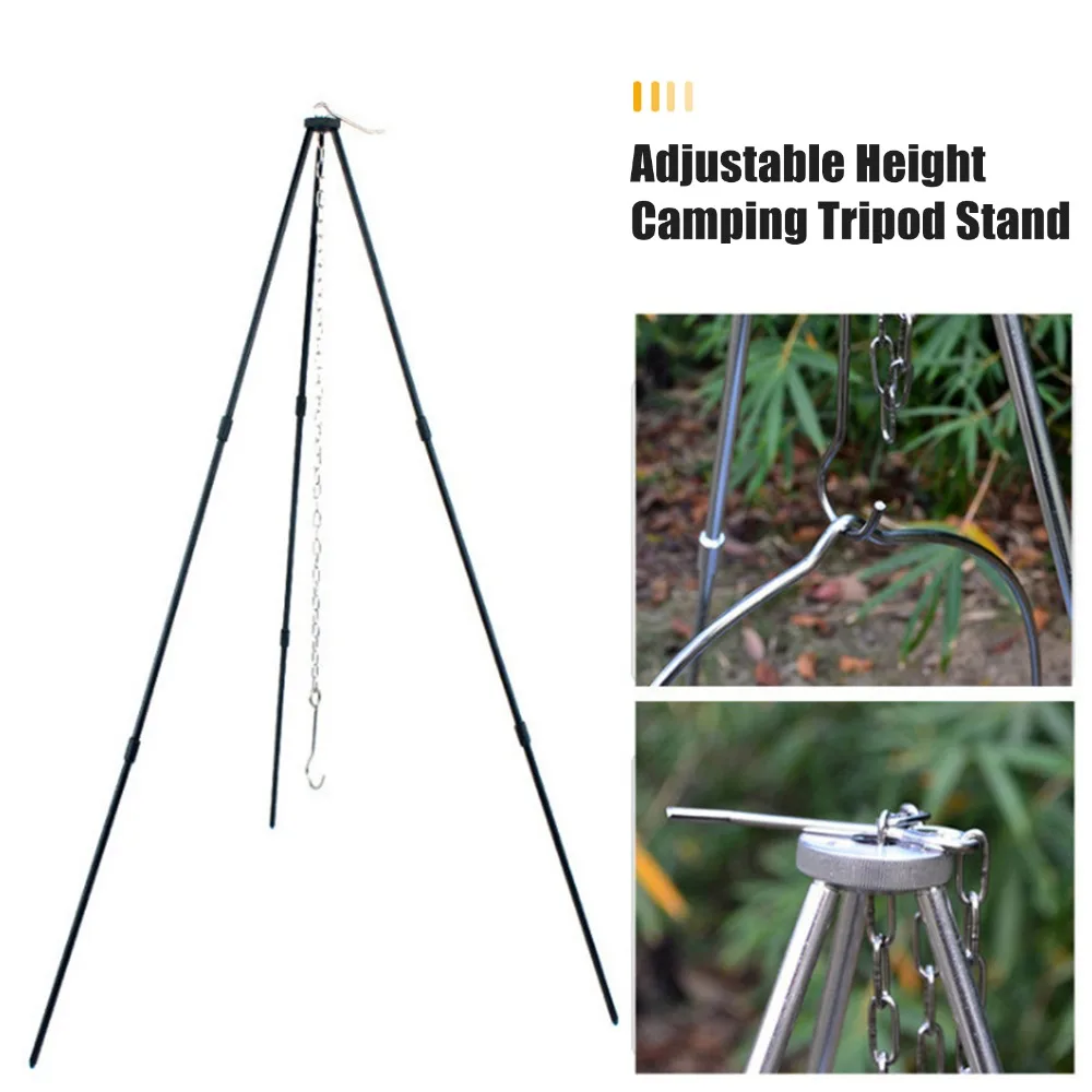 Aluminum Alloy Camping Tripod Adjustable Height Foldable Tripod Grill Stand Hanging Chain Easy to Assemble Hanging Cooking Stand