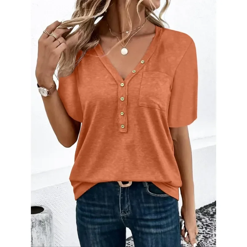 

Новая женская повседневная модная однотонная удобная футболка на пуговицах с короткими рукавами размера плюс 0XL-5XL