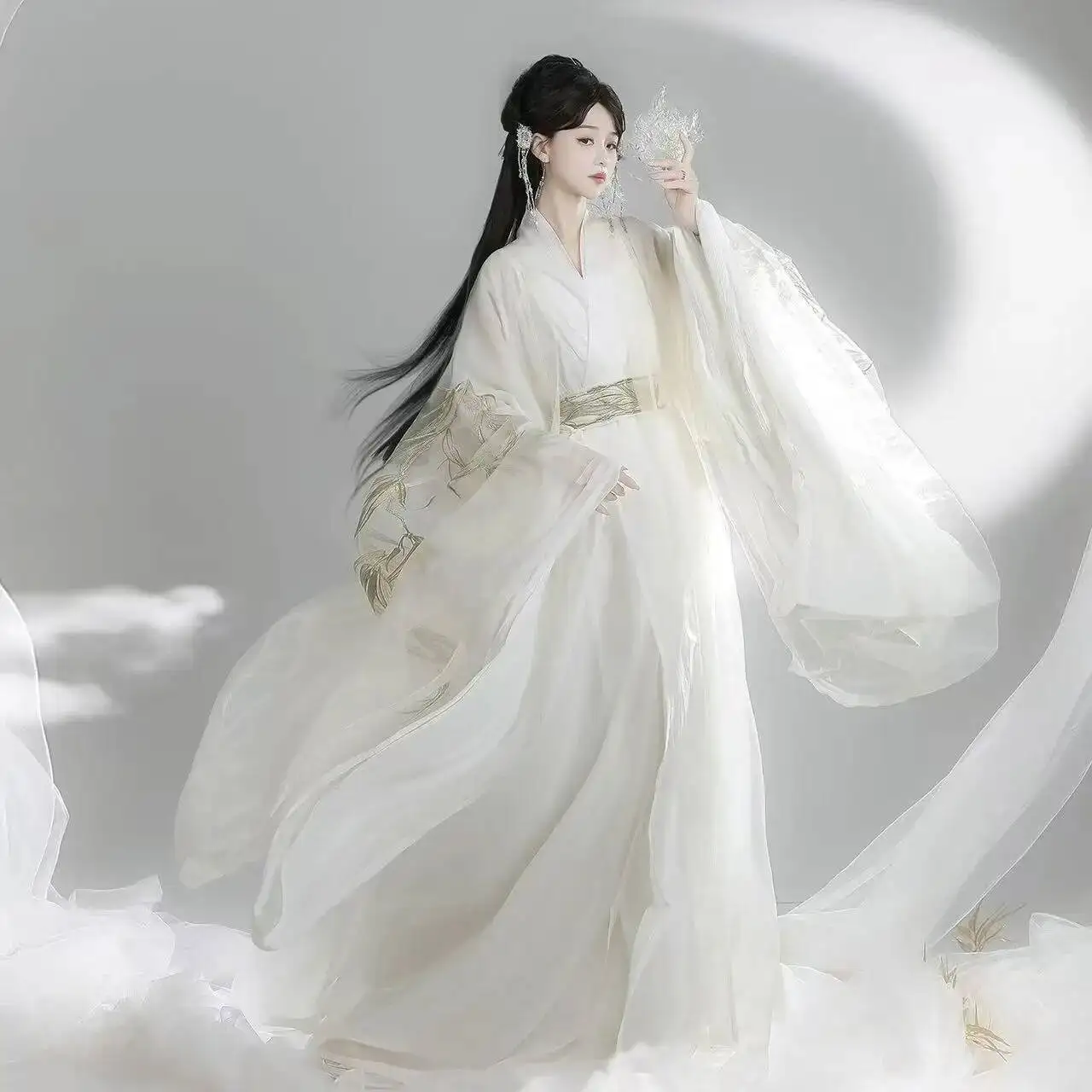 White Embroidered Hanfu Women's Traditional Chinese Clothing Cross Collar Wide sleeve Long Robe Carnival Event Cosplay Outfits view 3