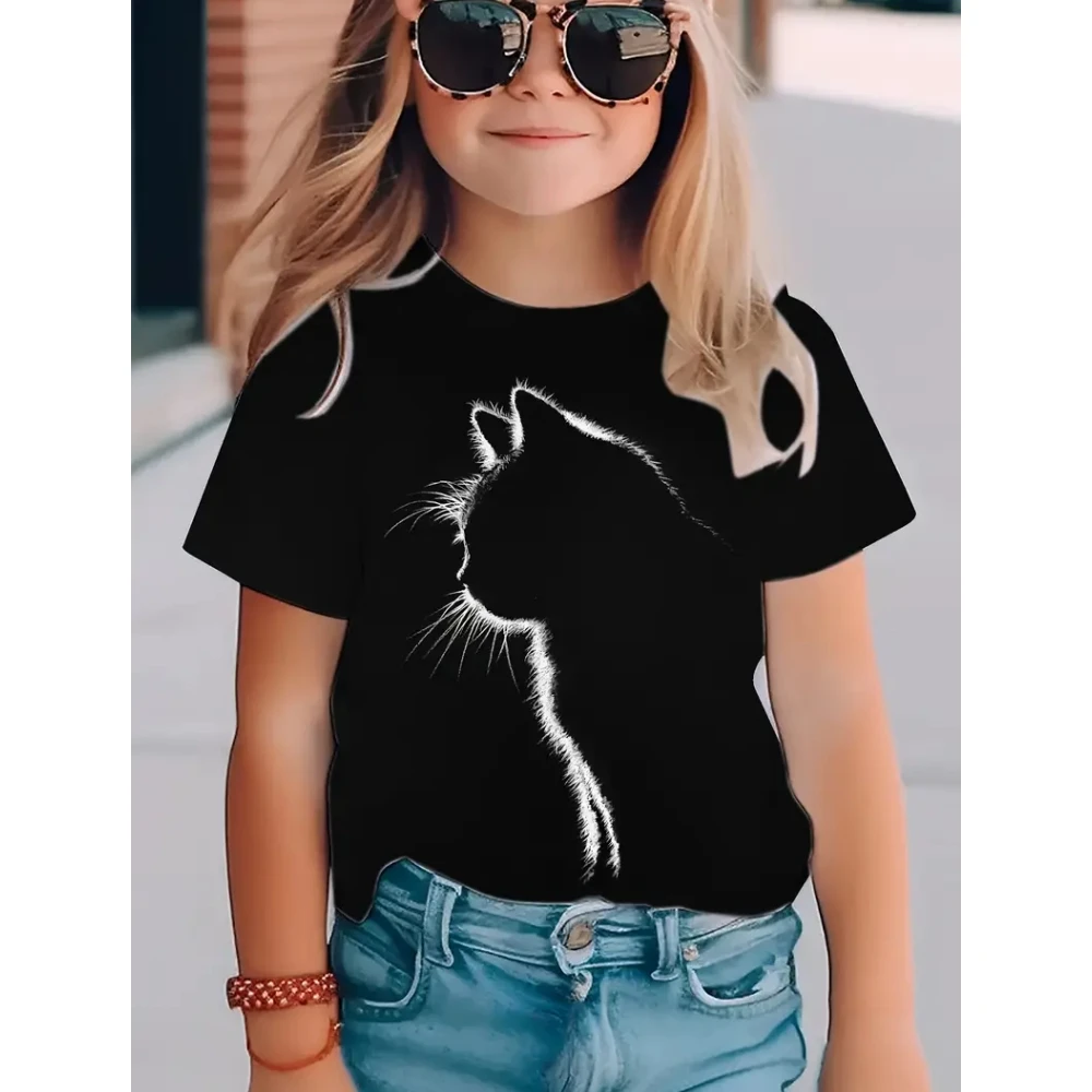 Mädchenkleidung, süße Katze, kurze Ärmel, grafische T-Shirts, 3D-Druck, Sommer-Outdoor-Kleidung für Kinder, Tops, T-Shirt für Mädchen, 2–10 Jahre – Detail 5