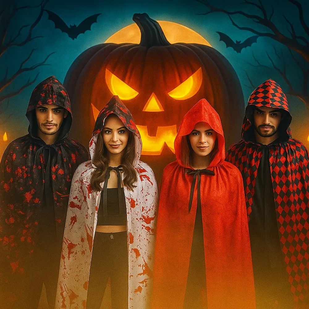 Bloodstain Halloween-Kostüm, Cosplay-Requisiten, lustiger karierter Halloween-Todesumhang mit Kappe, dunkler Party-Spinnennetz-Umhang, Hallowmas