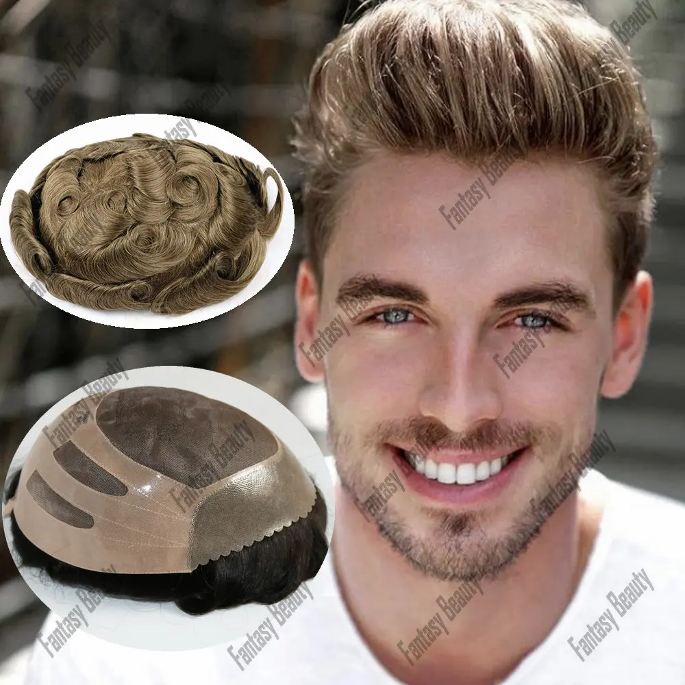 Blonde Brown Man Toupee 100% Human Hair Bond Hair Unit Lace With NPU Hairpieces System Replacement Durable Breathable Sale