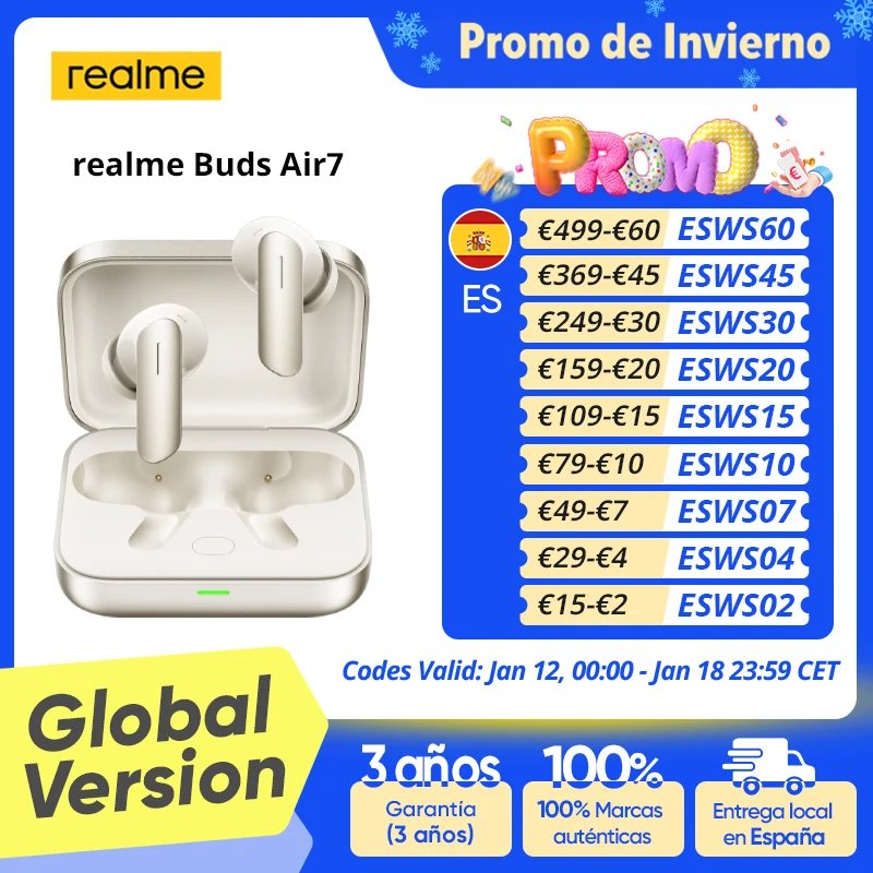 Versione globale realme Buds Air 7 52dB Smart Active Noise Cancellation 12,4mm Deep Bass Driver Bluetooth5.4 360° Spatial Audio Effect IP55 Earphone