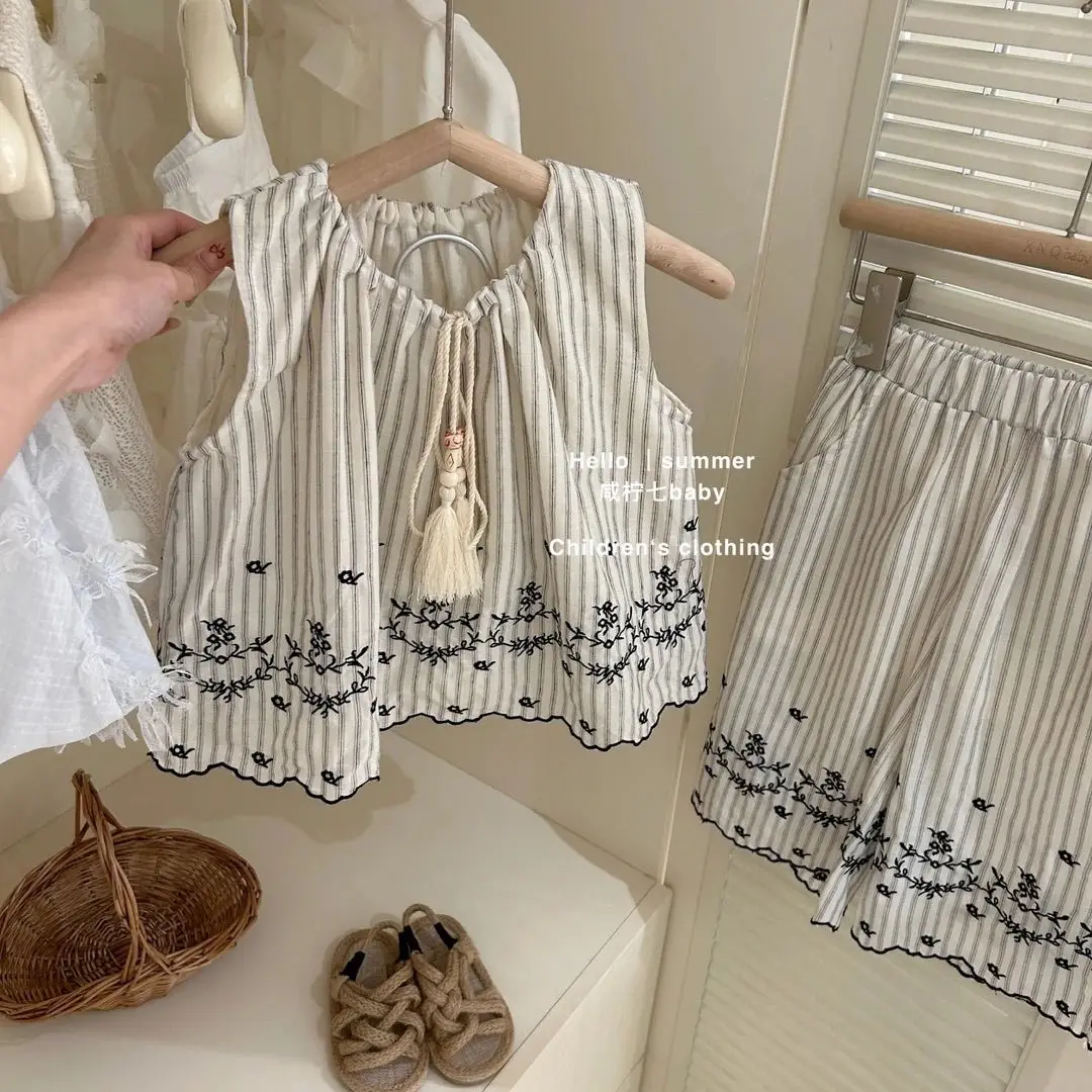 الفتيات الدانتيل المطرزة دمية قميص مجموعة طفل 2025 صيف جديد سترة أنيقة تحمل شعار لعبة البيسبول الأطفال السراويل قطعتين مجموعة #4