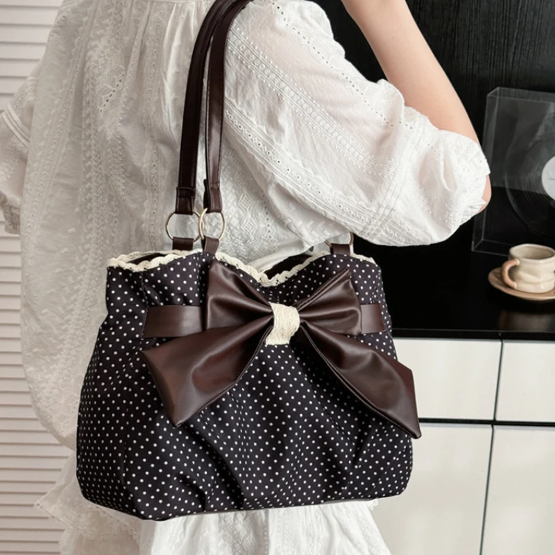 

Vintage Y2k Polka Dot Shoulder Bag Korean Cute Bow Lace Trim Decor Fashion Lolita Handbag Large Capacity Commuter Shoulder Bag