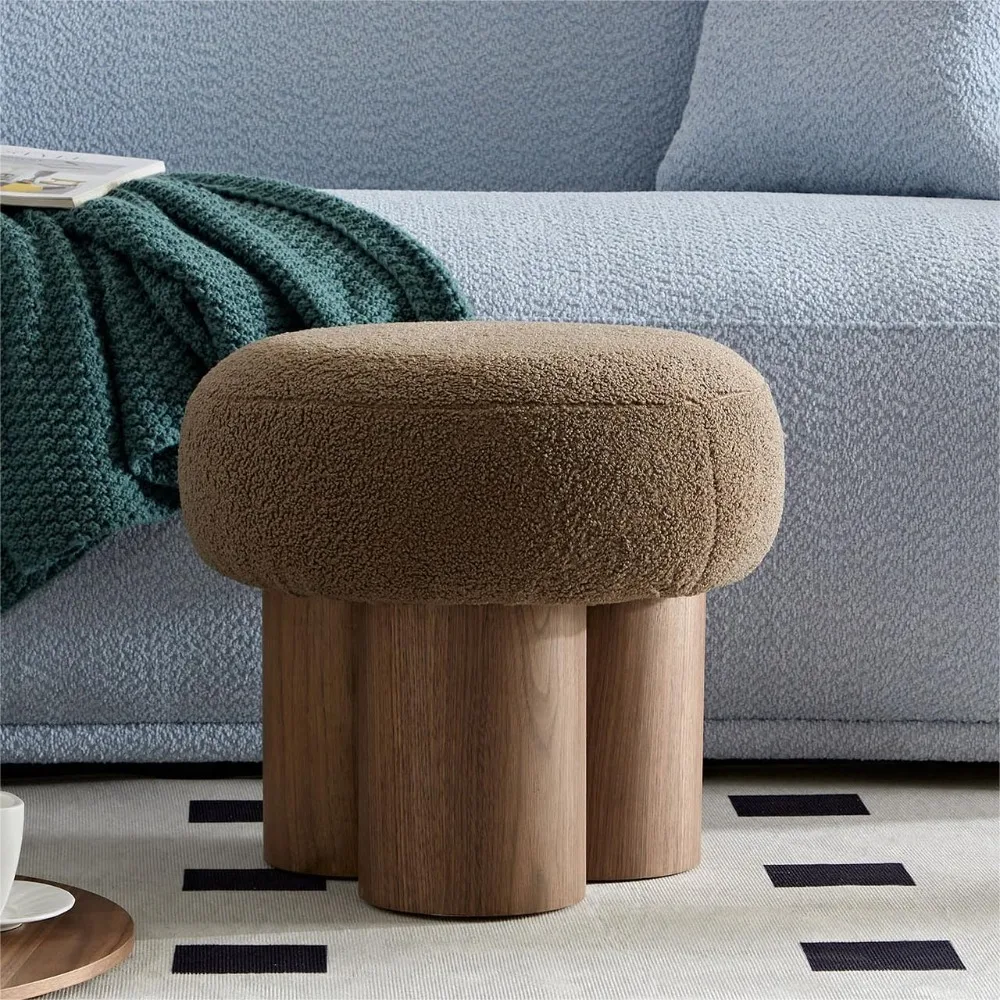 

16.5" Mushroom Stool - Modern Teddy Fabric Ottoman, 3-Leg Foot Rest for Living Room, Bedroom & Kitchen