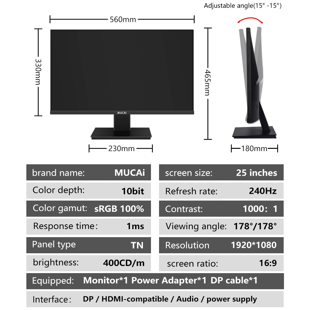 Imagem -03 - Mucai 25 Polegada Monitor 240hz Lcd Display pc tn Fhd Desktop Gamer Computador Tela Plana Hdmi-compatível dp 1920*1080