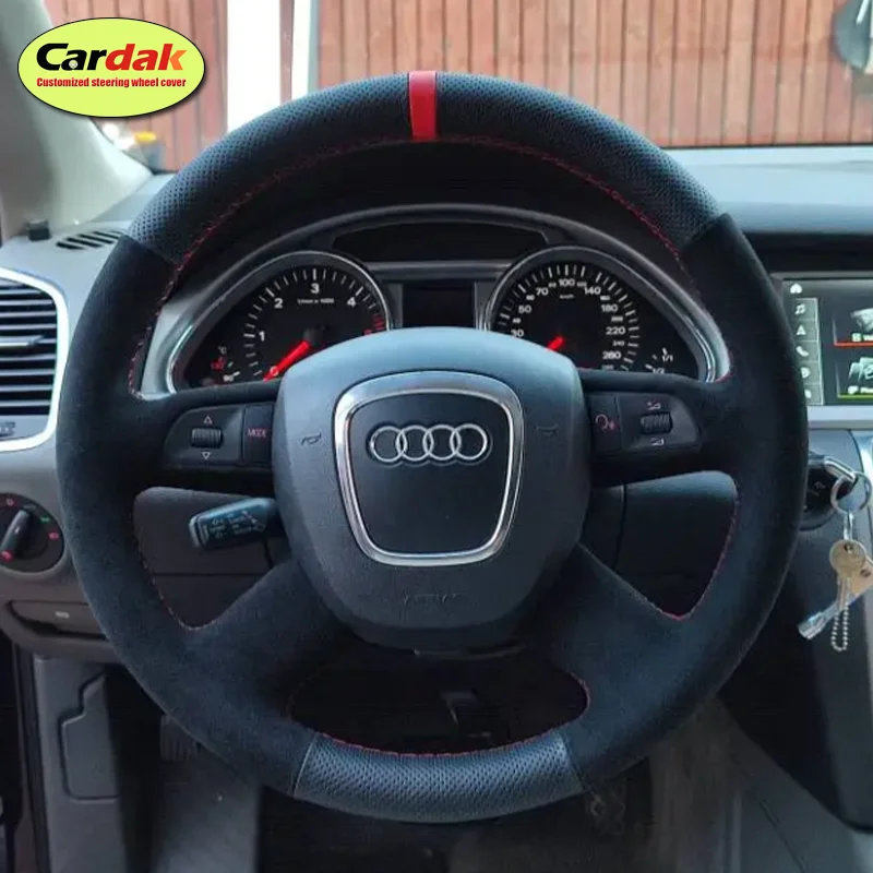 Maßgefertigter Handgenähter Schwarzer Wildleder-Lenkradbezug für Audi A3 A4 A6 A8 Q5 Q7 S8 2005-2012 Zubehör Geflochten