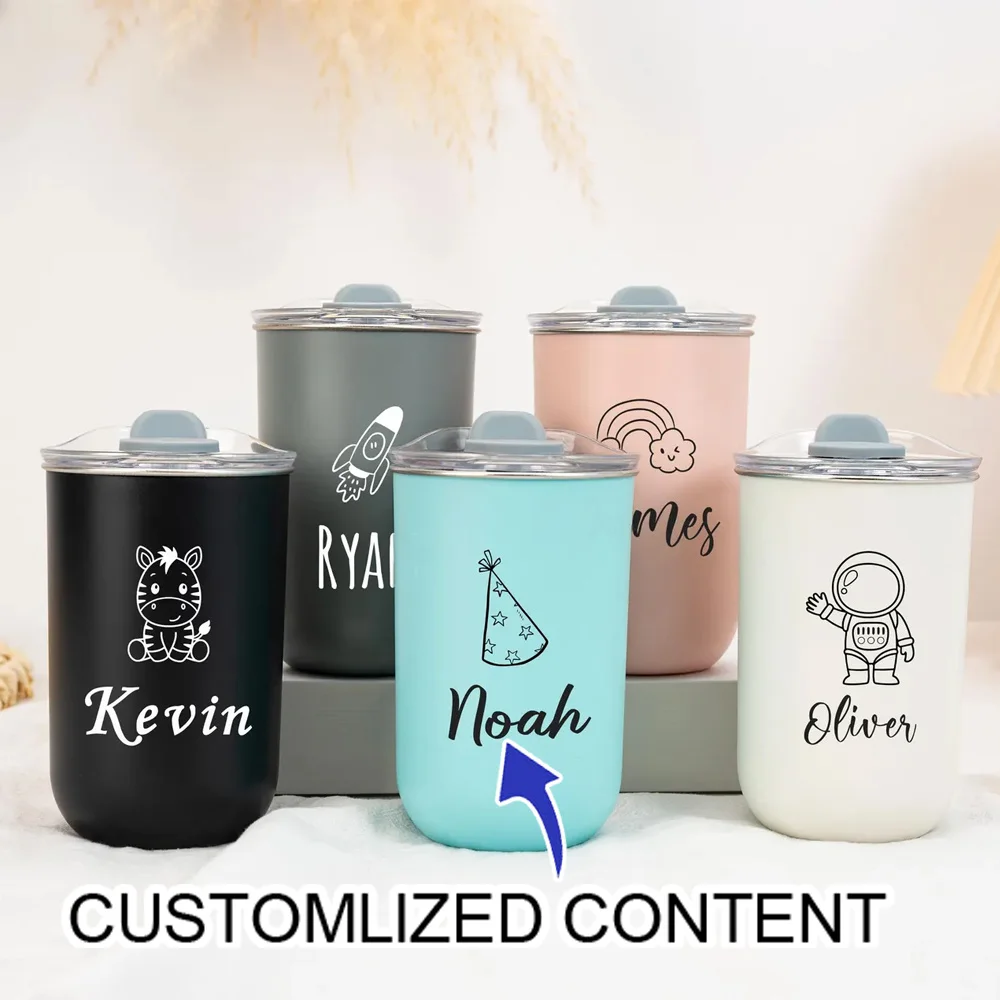Custom Name Kids Stainless Steel Tumbler Cup, Personalized Pattern Insulated Travel Mug with Lid Gift for Children.