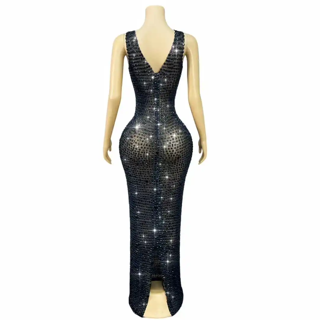 Sexy Bühne Elegantes Schwarz Weiß Abendkleid Blingbling Silber Strass Kleid Hochzeit Cocktail Party Fotoshooting Kostüm