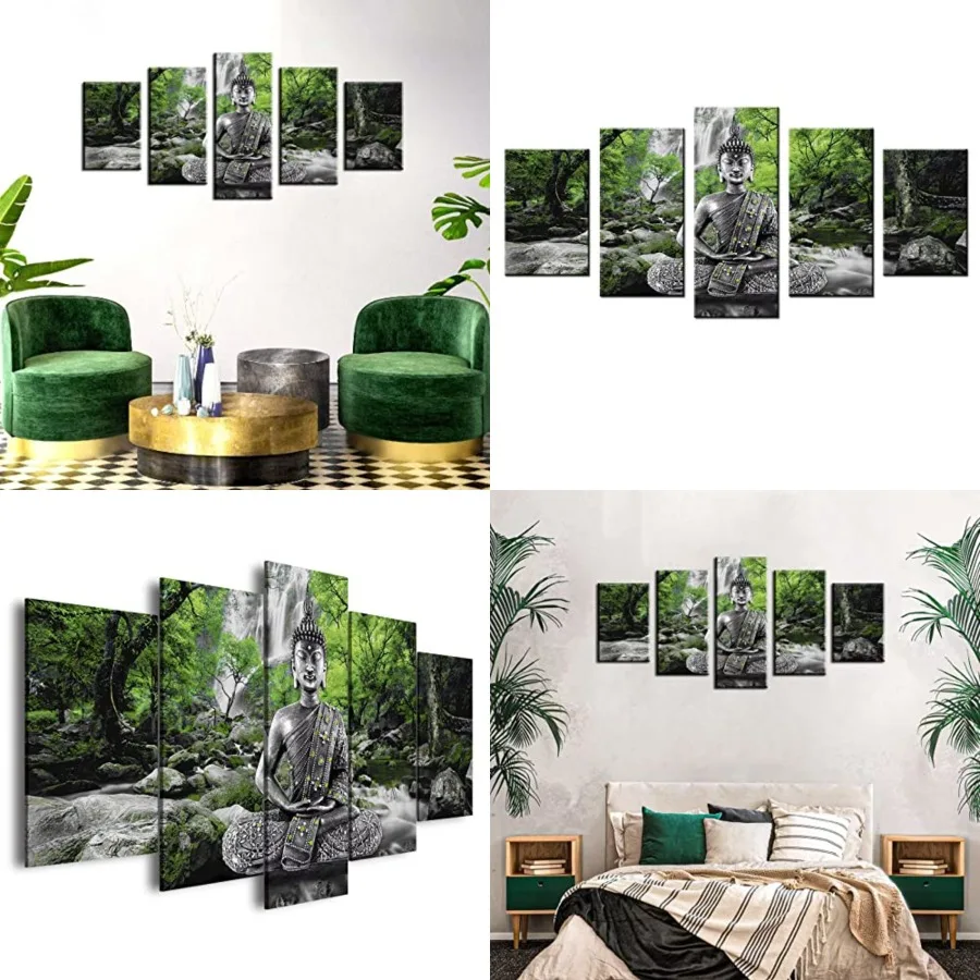 Buddha Wall Art Canvas Painting Framed 5 Panels for Living Room Decoration Modern Landscape Buddha Waterfall Trees Zen Stretche
