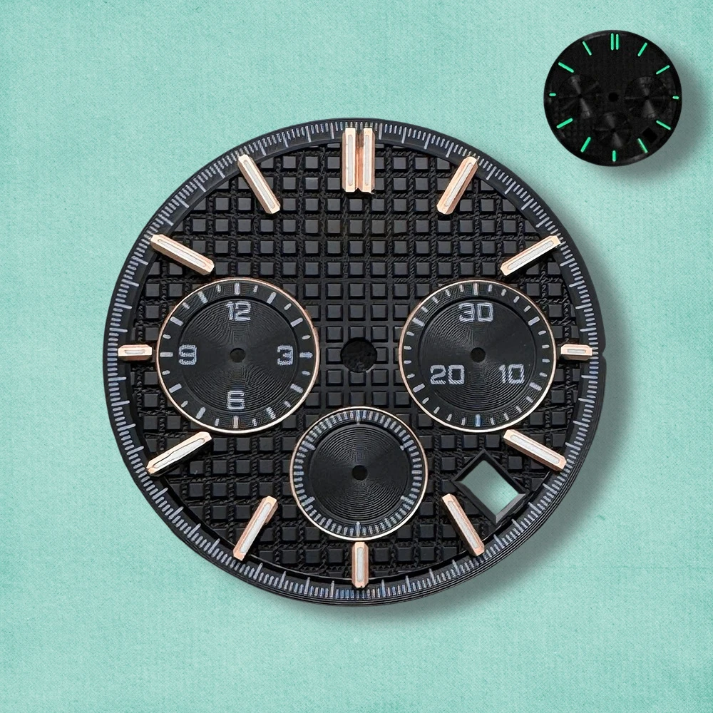 31.8mm S Logo Panda Three Eyes Dial Fit VK63 Movement Green Luminous High-Quality Dial Watch Modification Accessories