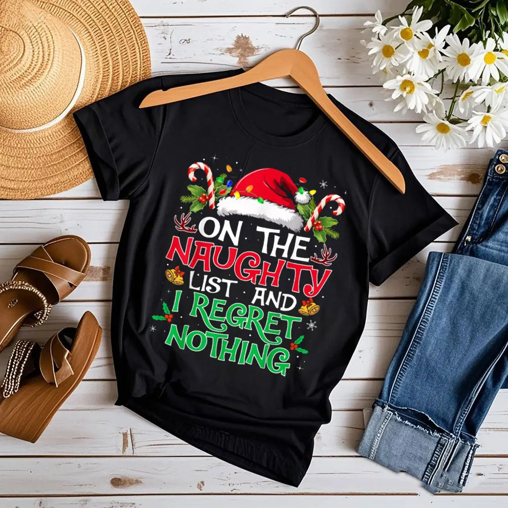 

Забавная рождественская футболка со списком озорном и я репетится, забавная футболка с круглым вырезом и графическим принтом, милая повседневная одежда