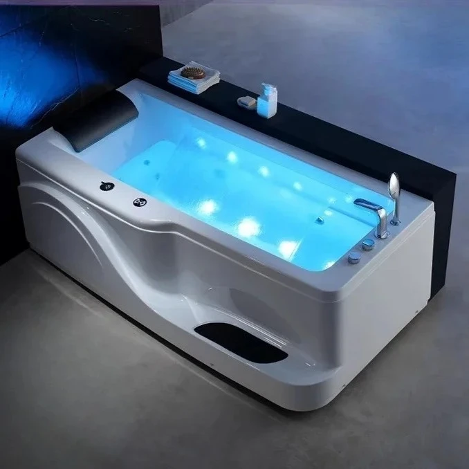 

Acrylic rectangular smart thermostatic surf massage waterfall LED bubble bath bluetooth speaker with pillow