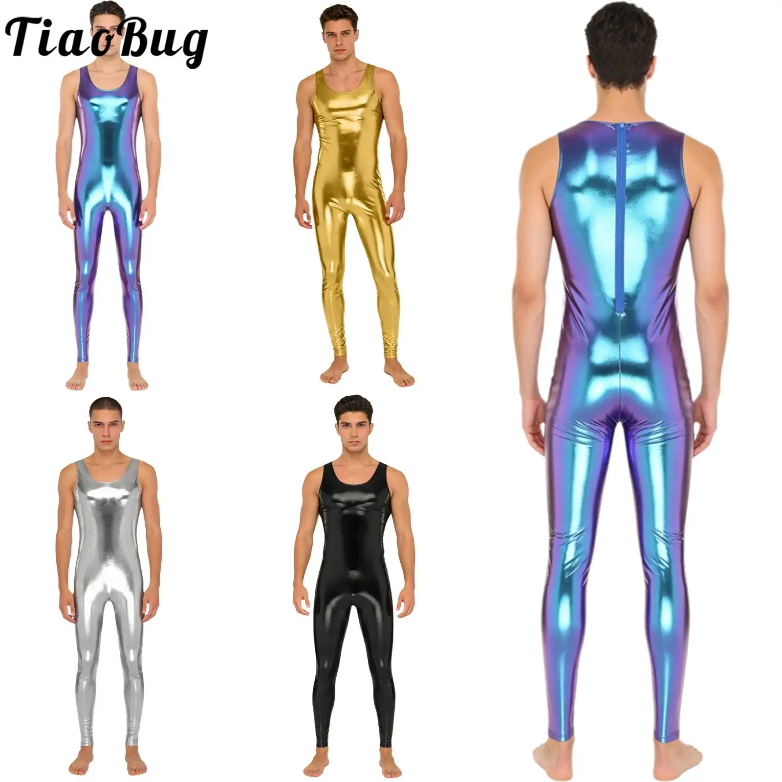 

Men Metallic Shiny Tank Unitard Jumpsuits Crew Neck Sleeveless Zipper Full Leggings One Piece for Bodybuilding Club Pole Dance