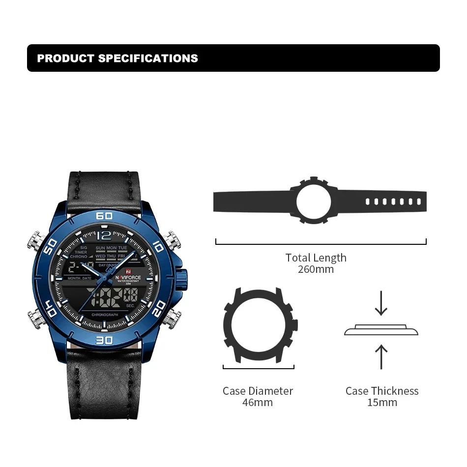 NAFIFORCE ساعة رياضية رجالية 3ATM مقاوم للماء عرض مزدوج ضبط الوقت حزام من الجلد الطبيعي LED ضوء الليل عرض ساعة الذكور