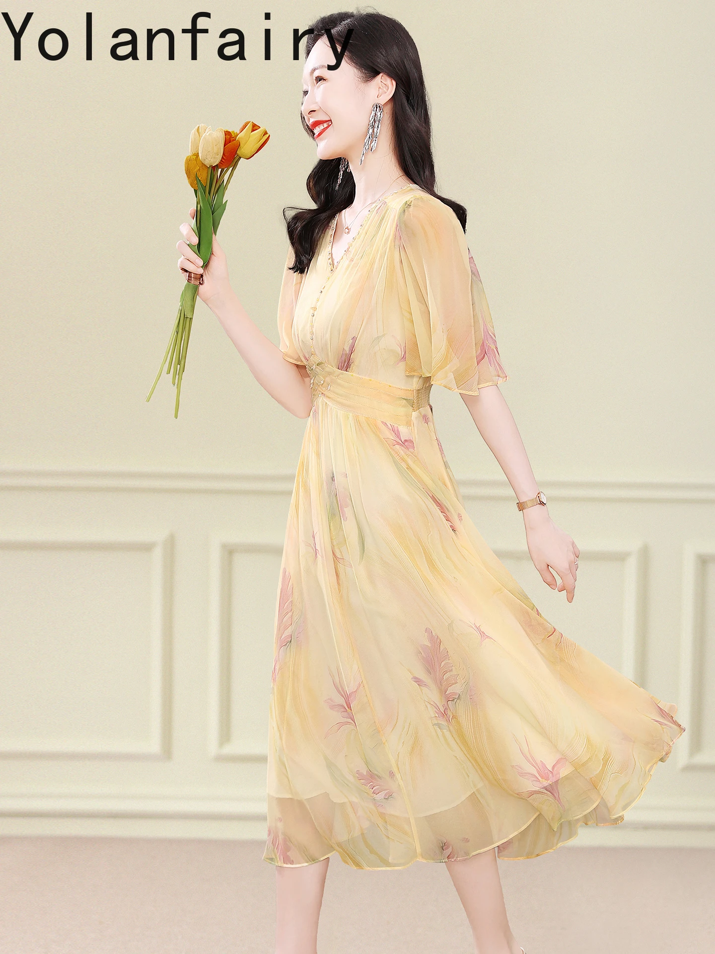 YOLANFAIRY 100% فساتين حرير التوت الطبيعي للمرأة الصيف عطلة الشاطئ نمط فستان المرأة لطيف طويل فستان زهري Vestido