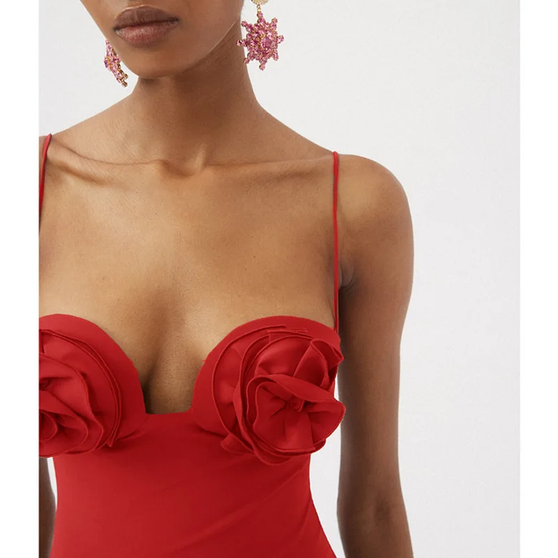 MUOLUX One Piece Swimsuit Women Swimwear 2024 Sexy 3D Flower Solid Red Bikini Thong High Cut Brazilian Bathing Suit Halloween