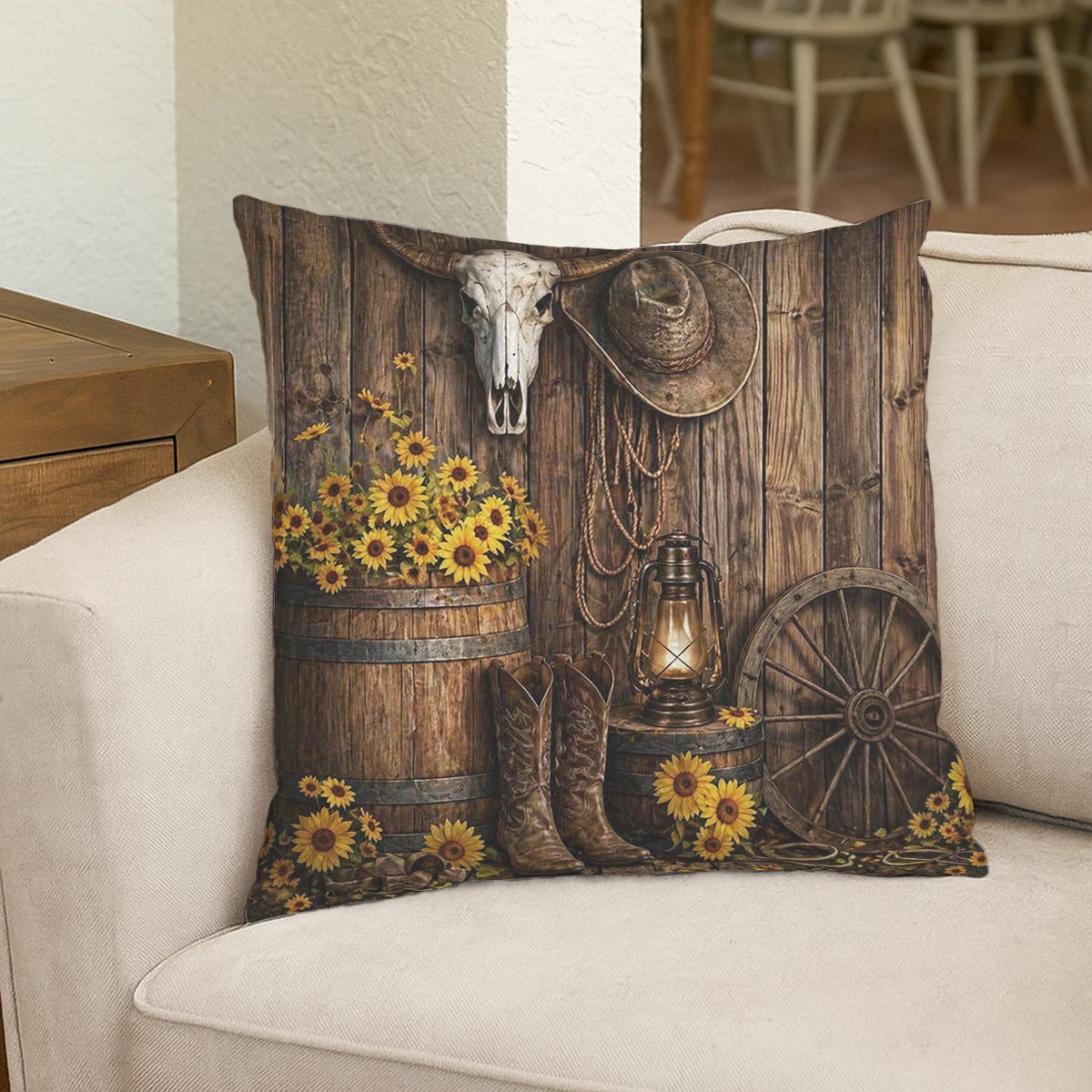 Western Cowboy Themed Polyester Pillow Cover - Stylish Wild West Pattern Cushion Case for Home, Sofa and Living Room Decor