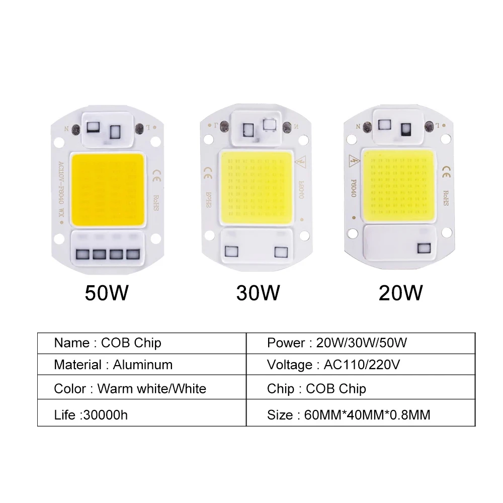 Chip COB LED de 20W, 30W, 50W, sin necesidad de controlador, CA de 220V, cuentas de lámpara LED blancas cálidas para foco de luz de inundación,