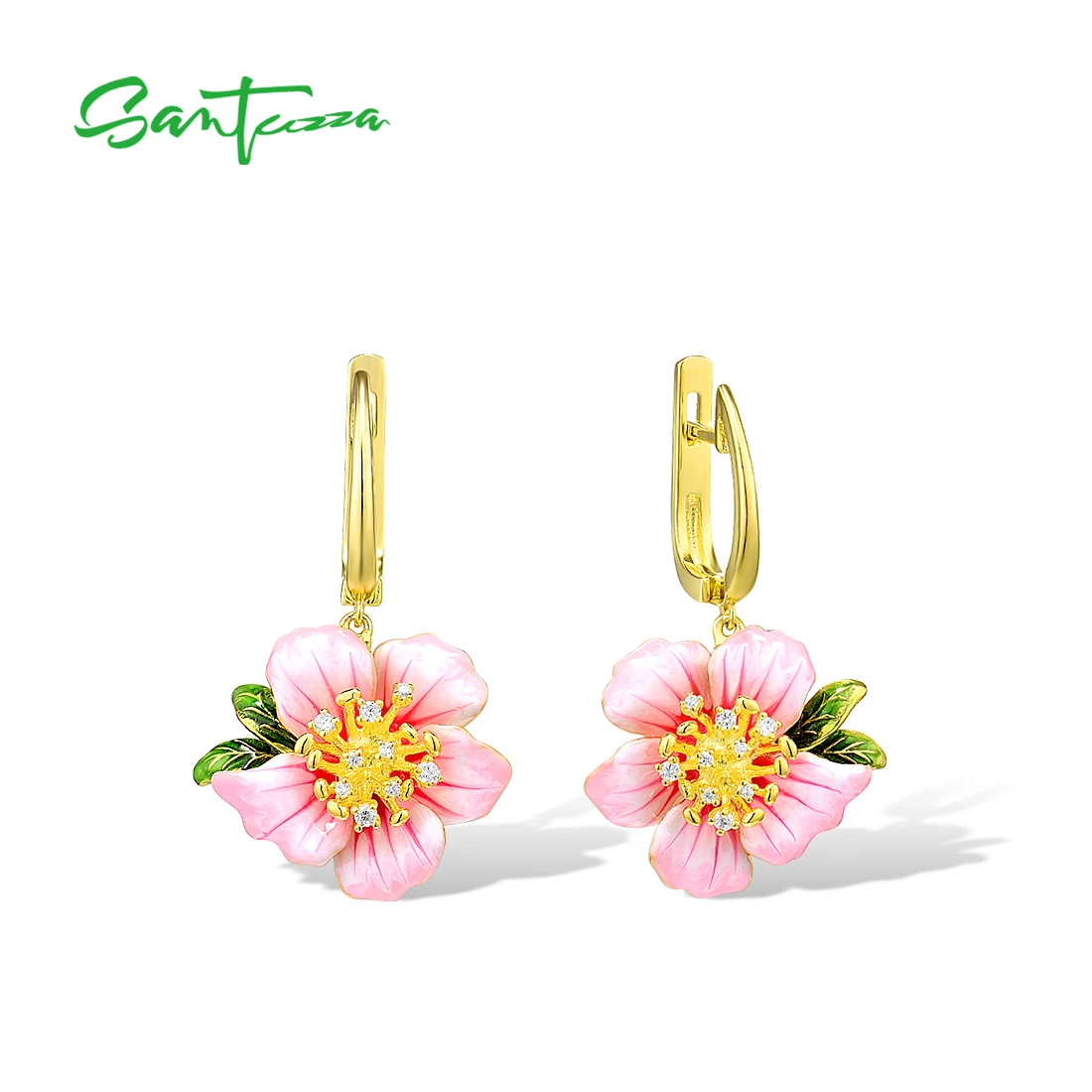 SANTUZZA Authentic 925 Sterling Silver Earrings For Women Light Pink Blooming Flower Drop Enamel Exquisite Gifts Fine Jewelry