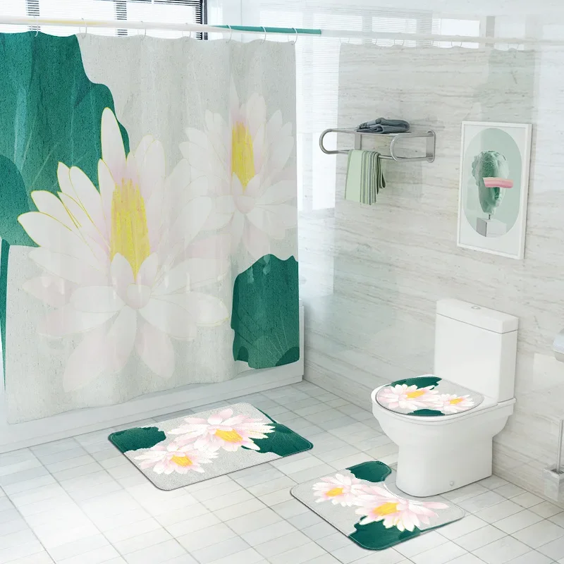 

High Quality Small Fresh Shower Curtain Set White Flowers Printed Bathroom Curtains Anti Slip Rug Toilet Lid Cover Bath Mat