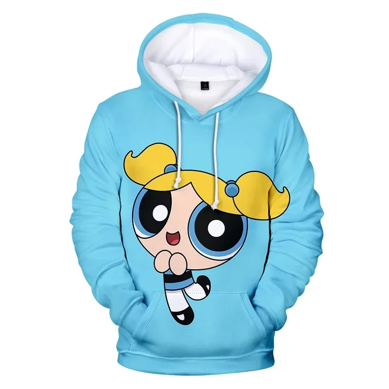 Kawaii anime powerpuff bonito meninas moletom com capuz das mulheres dos homens primavera outono pullovers harajujku powerpuff crianças anime roupas