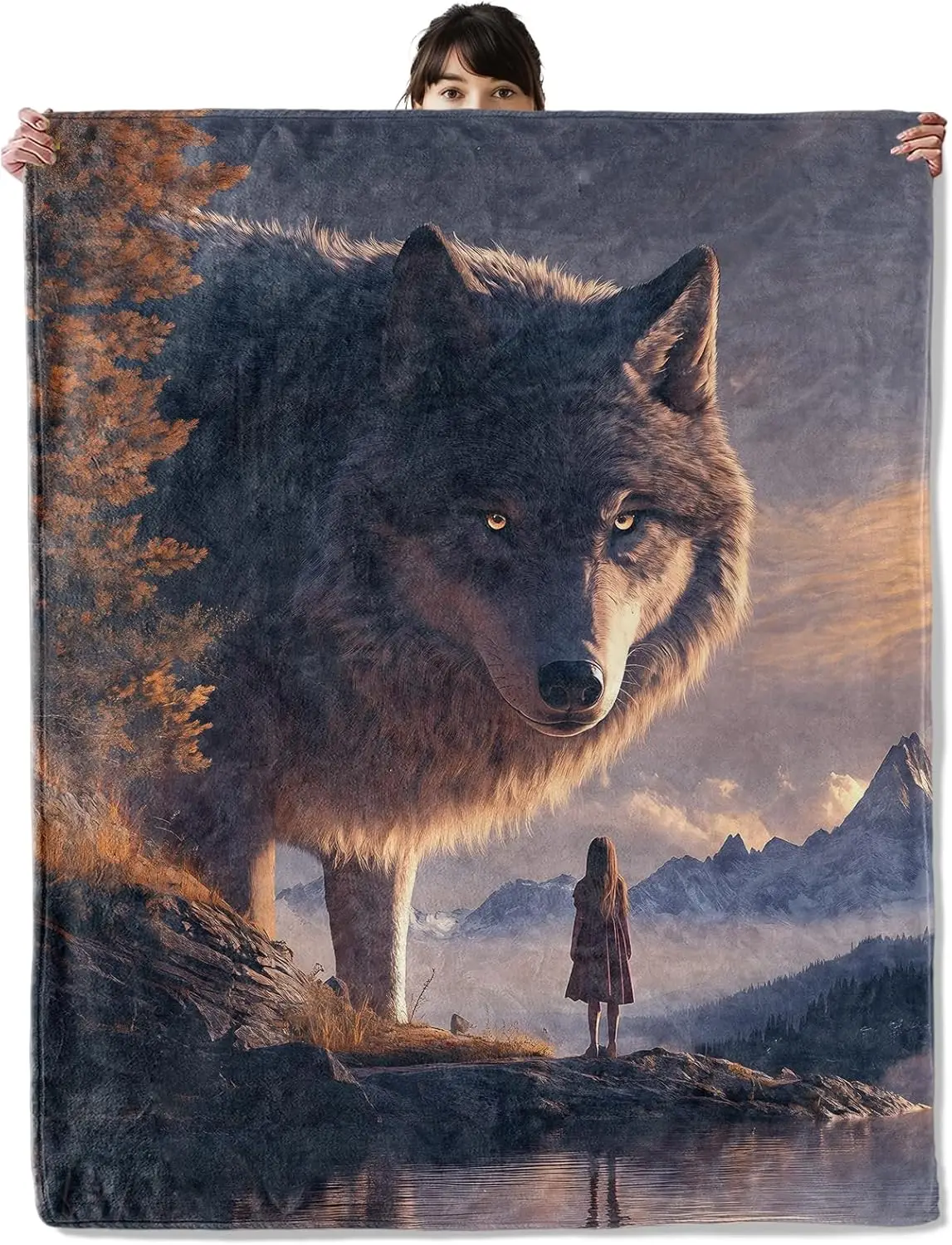 

Giant Wolf with Girl Blanket, Cozy Flannel Mountain & Lake Throw Blanket, Soft Fuzzy Blankets for Travel Home Decor