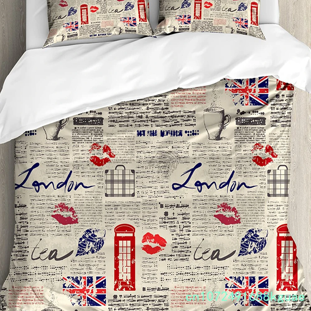 Tea Party Bedding Set For Bedroom Bed Home London Newspaper Inspired Background With Grung Duvet Cover Quilt Cover Pillowcase