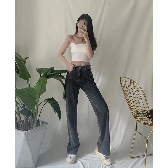 

High Waist Straight Leg Wide Leg Jeans Women's Retro BM Loose Fit Slimming Stitching Denim Pants High Waist Deep Blue Long Pants