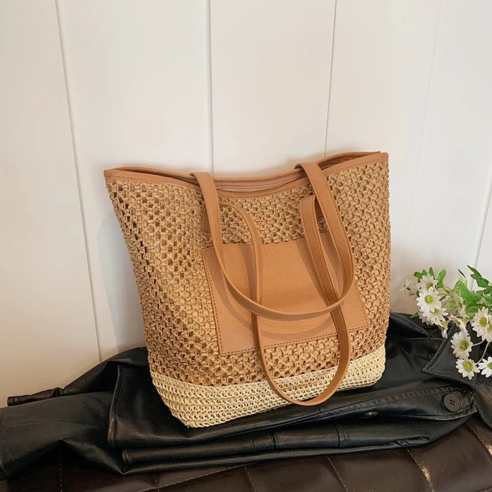 

Women Straw Crochet Beach Handbag PU Patchwork Simple Shoulder Bag Contrast Color Minimalist Tote Bag Ladies Summer Bag