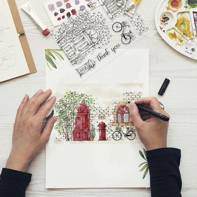 1Sheet Street Scenery Clear Stamps Tree Door Bike Silicone Stamps Windows PostboxTransparent Rubber Seal Stamps for Card Making