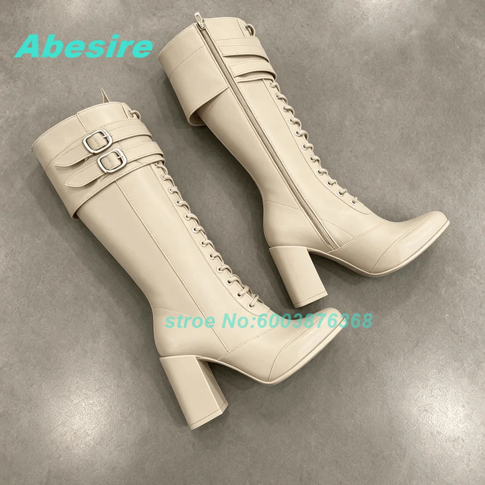 Women Black Pointed‑Toe Knee‑High Boots Double‑Buckle Strap Front Lace‑Up Chunky Heels Boots Retro Western Punk Fashion Shoes