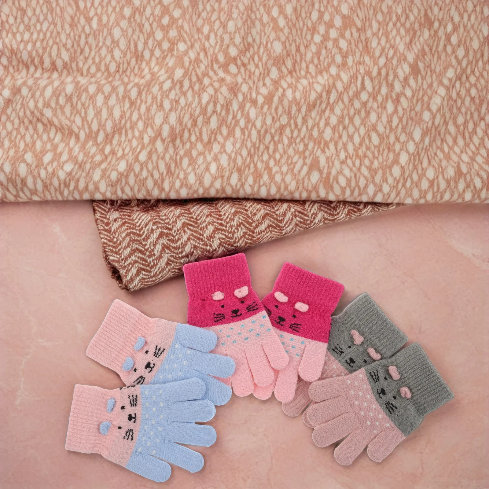 

6pcs Kids Winter Gloves Cute Cat Design Full Finger Knit Mittens Toddler Warm Stretchy Cold Weather Outdoor Gloves For Skiing