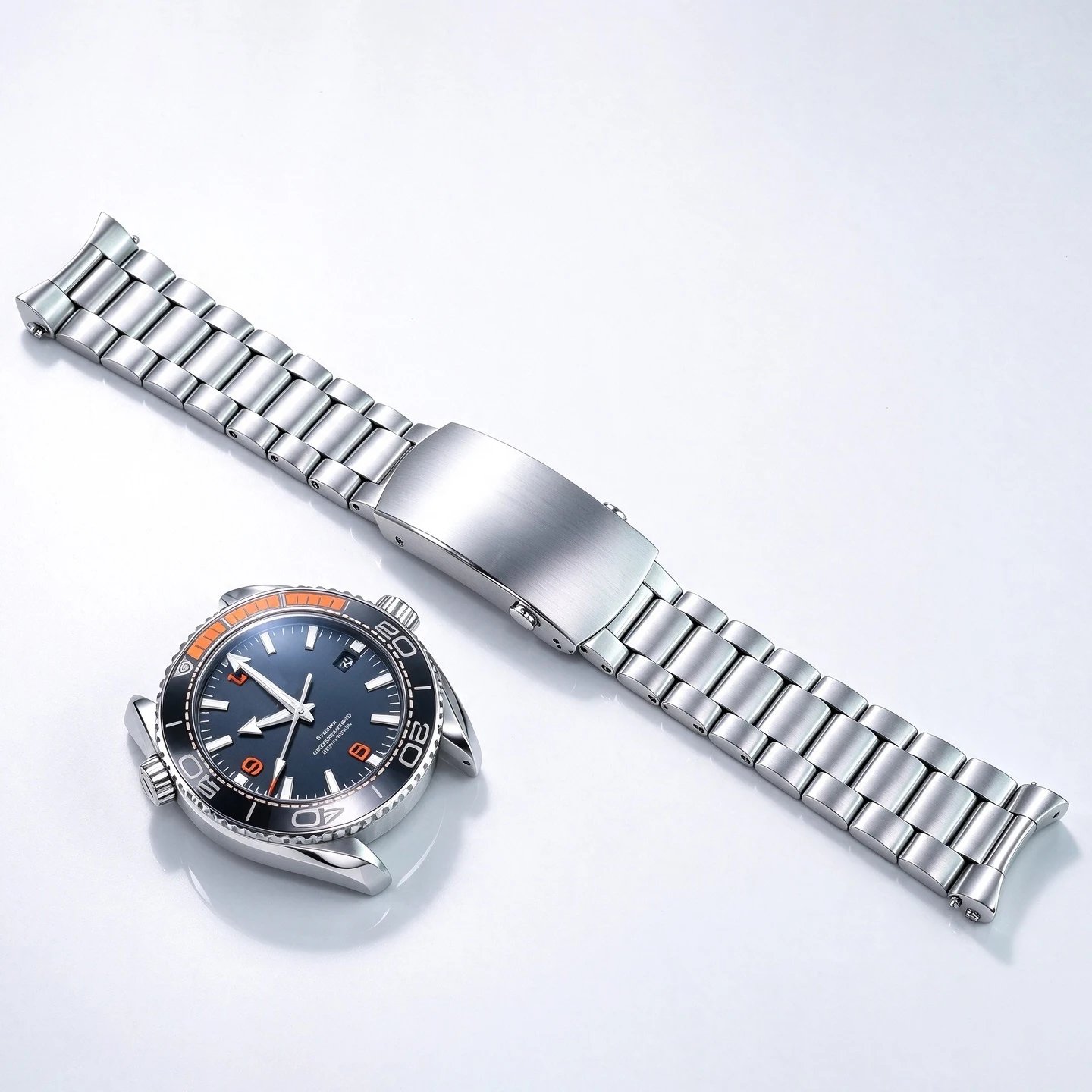 Men Polished Fine Steel Watch Strap For Omega Seamaster Planet Ocean 600 Quarter Orange, 21mm Curved End Watch Accessory
