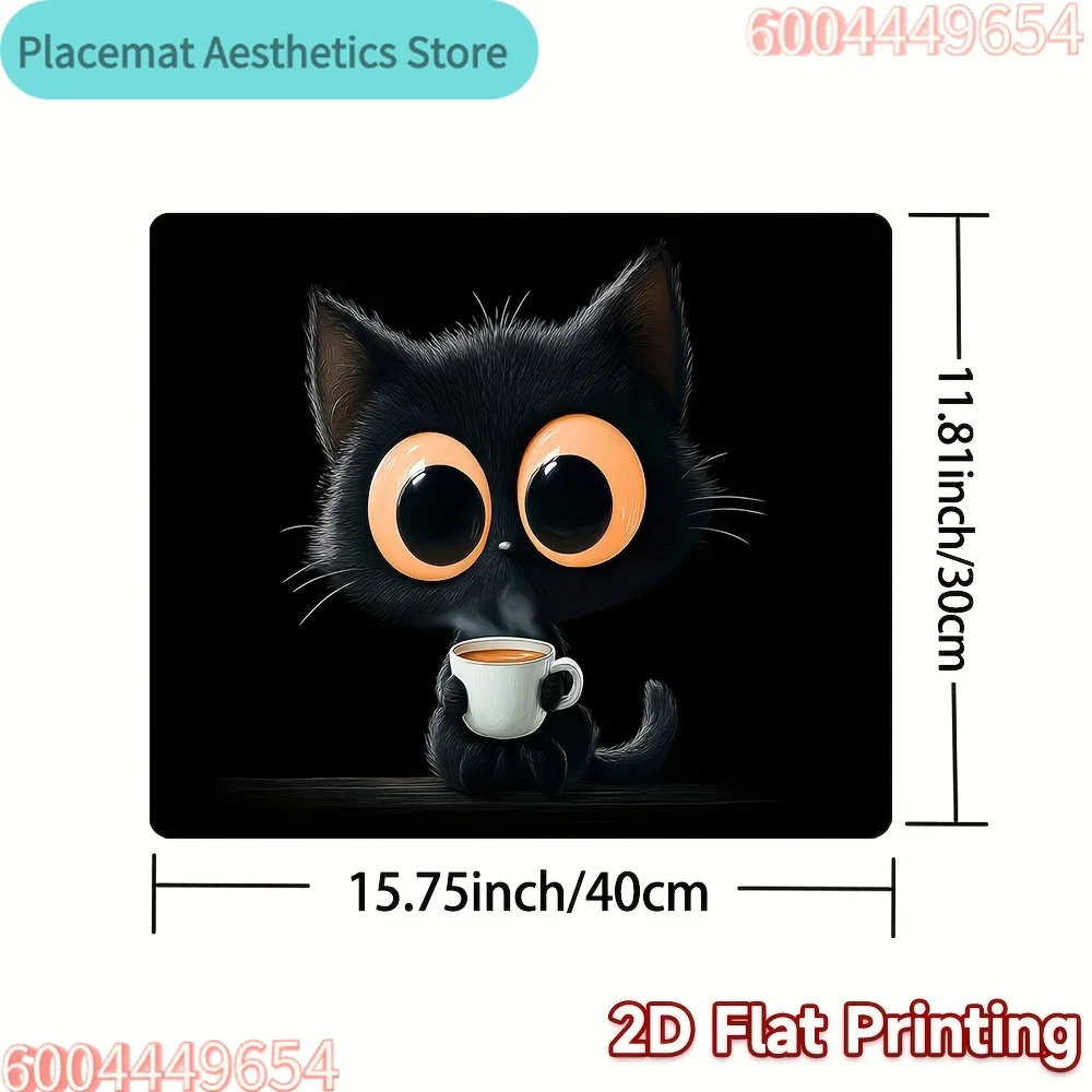 , 2D Flat Printed Stove Protector Cover Featuring a Black Cat Holding a Cup Design. This Modern And Contemporary Stove Protector