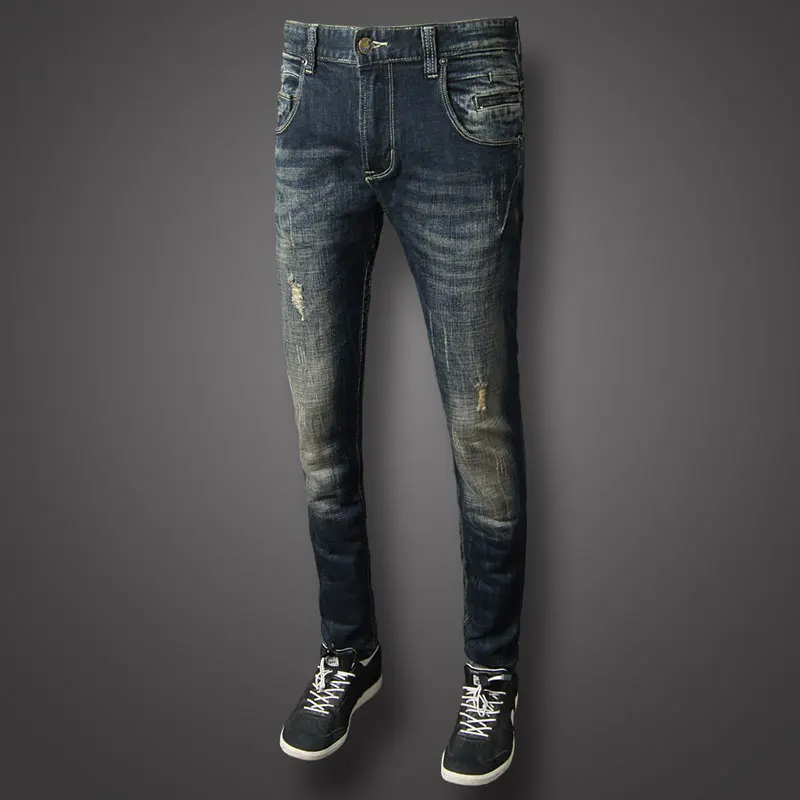 Street Fashion Men Jeans High Quality Retro Black Blue Stretch Slim Fit Ripped Jeans Men Spliced Designer Vintage Denim Pants