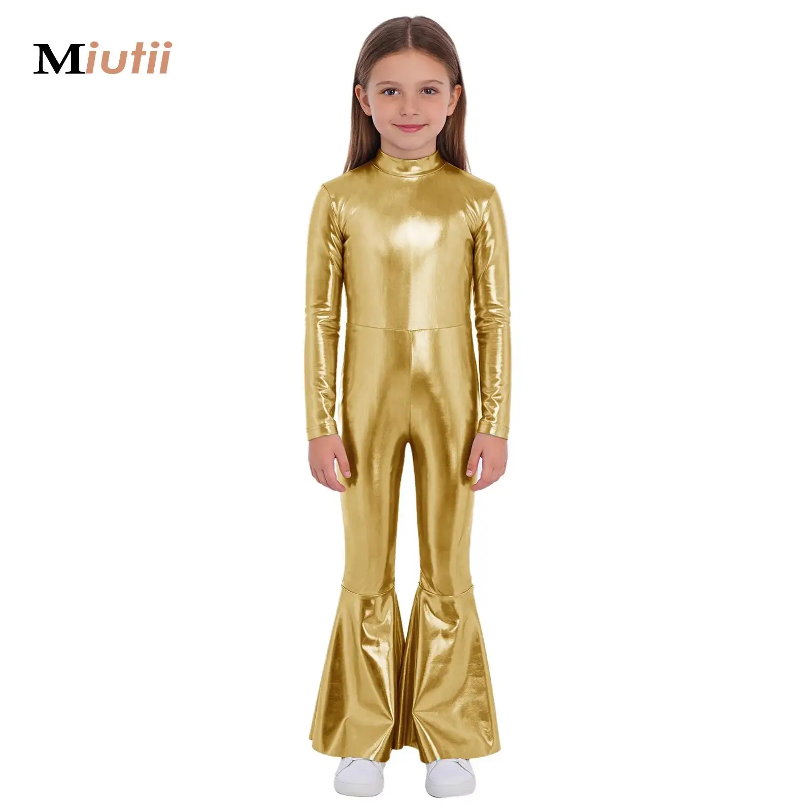 

Kids Girls Jumpsuit Metallic Ballet Jazz Dance Performance Costumes 70s Hippie Flare Sleeve Ruffle Bell Bottom Full Bodysuit