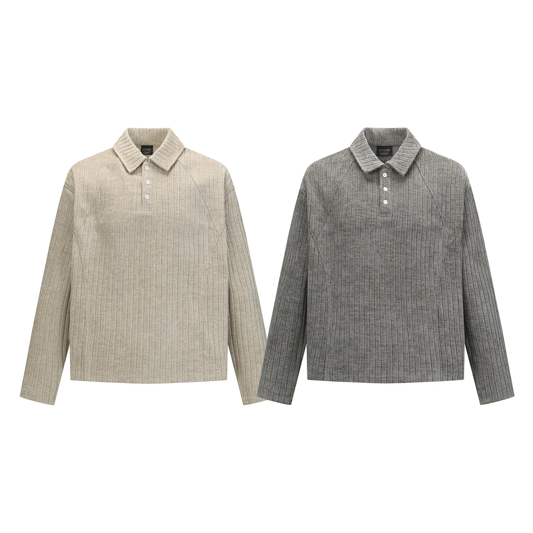 Vintage Washed Ribbed Knit Polo Shirt Men Lapel Half Button Long Sleeve Loose Texture Casual Top