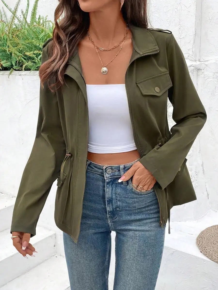 سترة نسائية عسكرية خضراء بسحاب وحزام خصر، ملابس خارجية كاجوال بأكمام طويلة لفصلي الخريف والشتاء