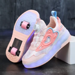 Children Two Girls Wheels Luminous Glowing Sneakers Heels Pink Led Light Roller Skate Shoes Kids Led Shoes USB Charging Fashion