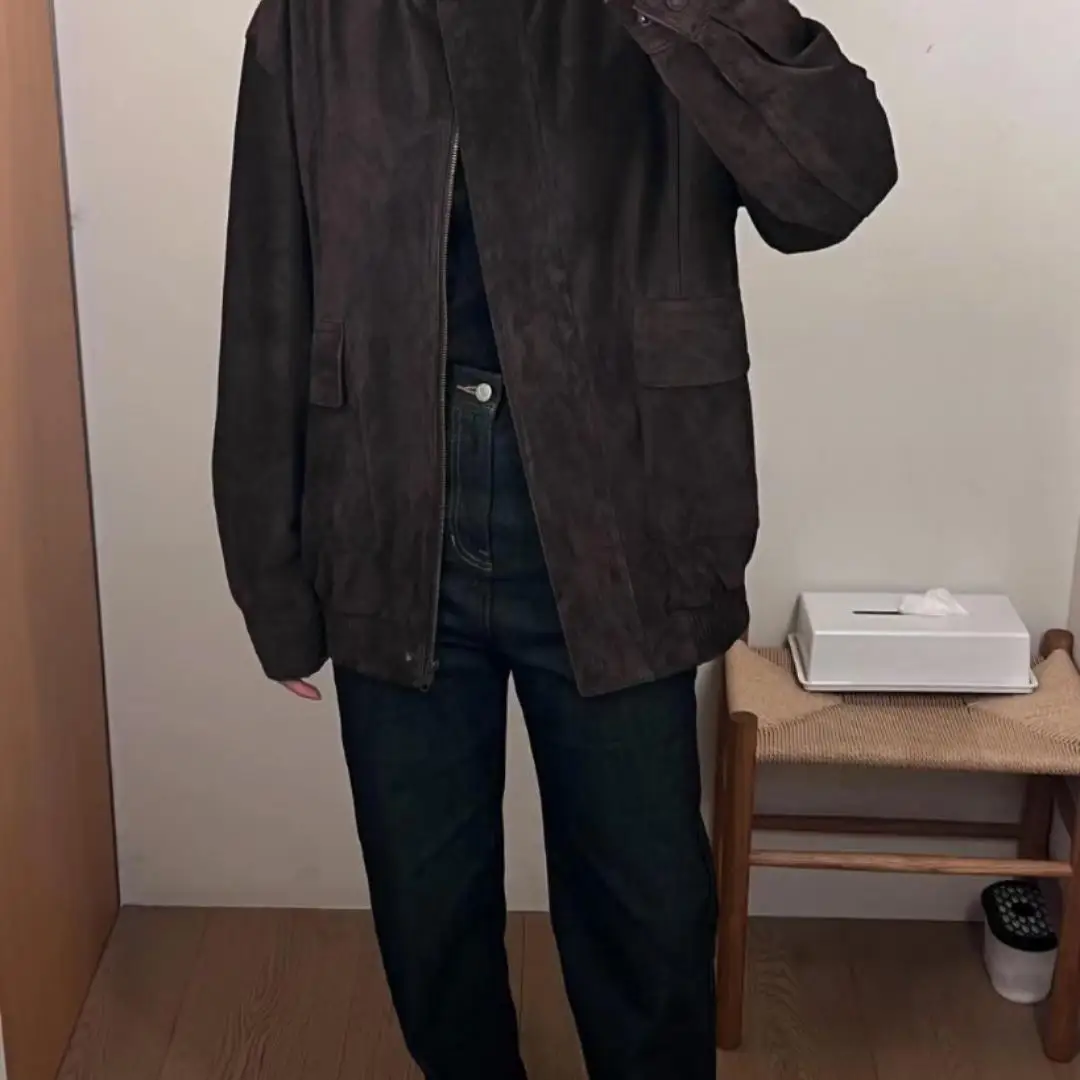 Monoha Retro Amerykańska Kurtka Motocyklowa ze Skóry Zamszowej Street Sle Prosty Krój Regularna Długość Kołnierz Odzież Wierzchnia